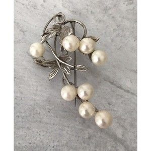 Vintage Pearl Sterling Silver Brooch Pendant 2 1/4" Long Leaf and Branch Design